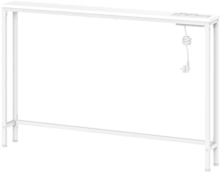 HOOBRO Schmaler Konsolentisch, 140 cm Langer Beistelltisch, Sofatisch mit Ladestation, Eingangstisch, hinter dem Sofa, im Wohnzimmer, im Flur, Metallgestell, Weiß EWW145CXG01