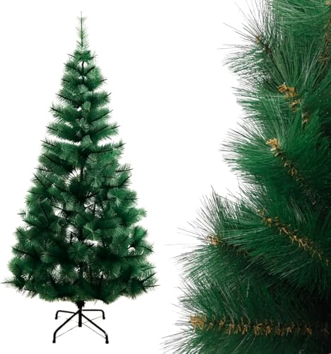 Árbol de Navidad Aguja de Pino 180 cm 200 Ramas Arbol Navidad Plegable para Interior, Ramas con Brillo, Frondoso, Color Más Verde, Base Metálica Estable