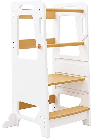 UBRAVOO Toddler Standing Tower, 3 Levels Adjustable Wooden Standing Step Stool for Kids from 1 Year Old, Anti-tilt Stool Helper Platform for Bathroom Sink & Kitchen Counter