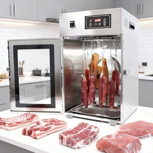 moupeaktain Dörrgerät aus Edelstahl, Reifeschrank Für Fleisch mit 14 Haken, Temperaturregelung 30-90℃, 24 Stunden Laufzeit, Trockenschrank Für Rind- Und Hühnerfleischwurst, 7.5kg