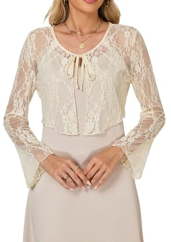 Boléro Femme Dentelle Gilet Veste Transparentes Cardigan Court Manches Longues pour Robe Mariage T Shirt Bretelle Chic Elégante Soirée Fête Décontracté