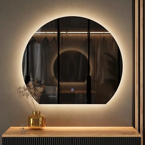 Planetmöbel Aube Specchio con illuminazione semicircolare, specchio con luce LED, specchio decorativo da parete dritto, funzione dimmer, 4200 K, luce bianca neutra, 80 x 70 cm