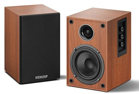 HZHZSP Active Bookshelf Speakers with 4 Woofer & 1 Silk Dome Tweeter – Powered Stereo Hi-Fi Speakers for Turntable, PC, TV | RCA & USB-C & BT 5.3 Input | 2.0 Desktop Studio Monitor – Brown