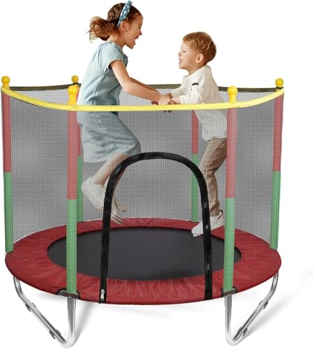 Plasaig Kindertrampolin 140cm mit Sicherheitsnetz für Indoor und Outdoor, Gartentrampolin, bis 100 kg belastbar, Geburtstagsgeschenk für Jungen und Mädchen (Rot)