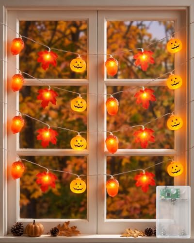 Cadena de Luces Decorativas de Otoño, 3 m, 20 LEDs | Con Temporizador, Modo de Luz Continua y Modo Intermitente, Funciona con Pilas, Calabaza, Piñas, Hojas de Arce