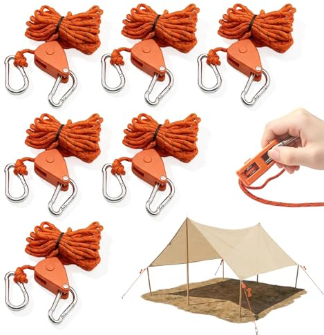 6 Stück Seilzug mit Bremse, Einstellbare Seilratsche, 4 M Spannseil mit Haken, Wettersicheres Outdoor-Seil mit Reflektierender Ratsche, 4 MM Abspannseile mit Spanner, Ideal für Camping & Zelte