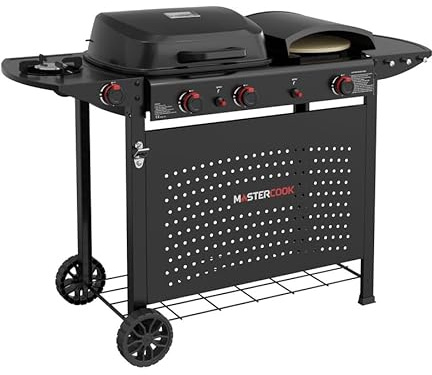 MasterCook - Barbecue a Gas Multifunzione con Griglia, Piastra e Forno Pizza, BBQ 2 Bruciatori con Fornello Laterale, Carrello con Ruote e Tavolino Pieghevole, 130,5x51,5x91,5 cm