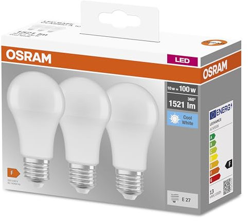 OSRAM LED Lamps Base Classic A, in Kolbenform mit E27-Sockel, Nicht Dimmbar, Ersetzt 100 Watt, Matt, Kaltweiß - 4000 Kelvin, 3er-Pack