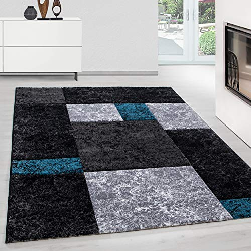 Teppium Moderner Kurzflor Teppich Läufer Flur 80 x 300 cm Türkis - Konturenschnitt Teppich Waschbar, Kariert Design, Pflegeleicht und Weich - Ideal als Bettvorleger im Schlafzimmer und Küchenläufer