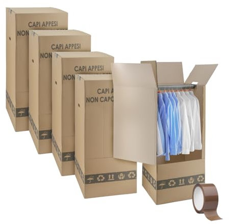 IMBALLAGGI 2000 - Scatole Cartone Porta Abiti con Barra Appendiabiti - 50x50 cm h 110 cm - Scatoloni Doppia Onda per Trasloco Armadio - Confezione da 5 Pezzi + 1 Nastro Adesivo Omaggio