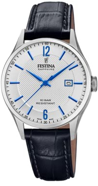 Festina Swiss Made Reloj Hombre Analógico de Cuero Negro - Movimiento de Cuarzo - Calendario - Cristal Zafiro de Alta Resistencia - Resistente al Agua 10 ATM Elegante F20007/2 Classic Leather