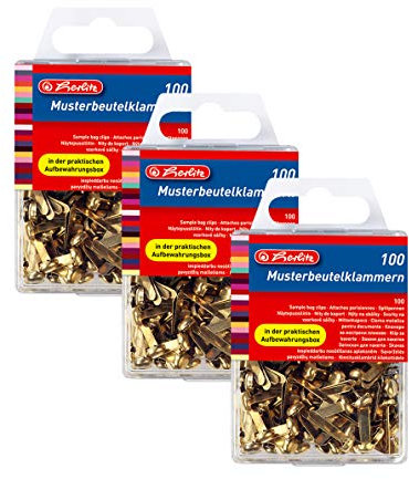 herlitz 100 Stück Metall-Taschenclips, runder Kopf in Hängebox, Messing (3 x 100 Stück)