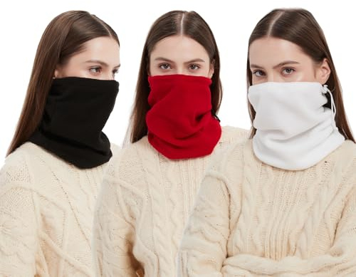 Golden Apple Winter-Halswärmer, Halstuch, Fleece, Skifahren, Radfahren, winddicht, Sturmhaube, Schal für Herren und Damen, 3 Stück (Schwarz + Weiß + Rot)