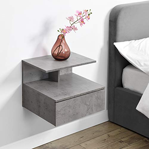 [en.casa] Nachttisch hängend Amberg Wandregal mit Schublade und 2 Ablageflächen 40 x 35 x 31 cm Nachtschrank Wandmontage Nachtkästchen Hängeregal Betonoptik