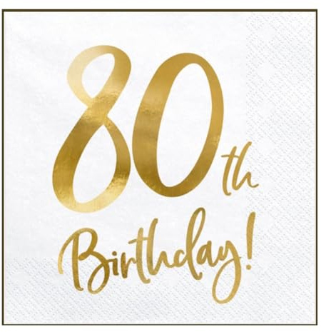 Servietten 80. Geburtstag Weiß Gold – 20 Stück 3-lagig | Papierservietten 80th Birthday Partyservietten Tischdeko Geburtstag 80 Jahre