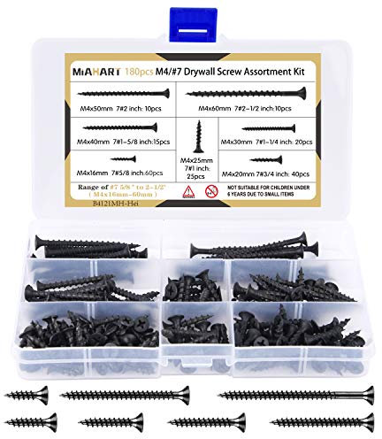 MIAHART 180 Stk M4 Schwarzes Holzschraubensortiment Grobgewindeharfe Punkt selbstschneidende Schrauben 7 Größen Trockenbauschrauben für Trockenbau-Sheetrock-Holzmöbel und -schränke