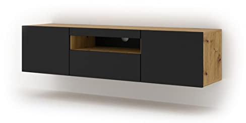 BIM Furniture TV Lowboard Aura – Fernsehtisch 150x42x37 cm, Hängend oder stehend, Modernes TV Möbel, Wohnzimmer Schrank - Artisan Eiche/Schwarze Matte