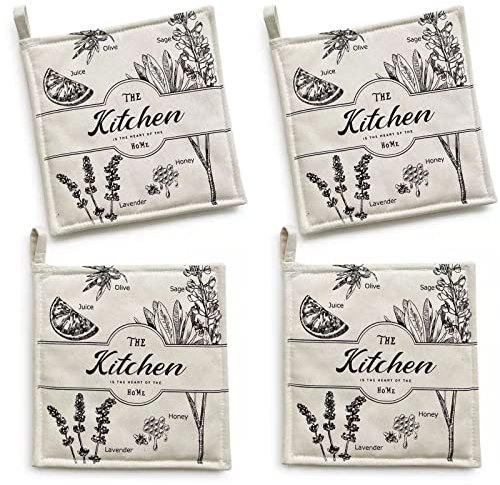 ZORR Set di 4 presine da Cucina per Cottura Cucina con motivo di piante profumate, Colore sabbia