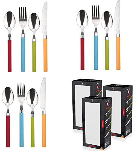 Renberg Set de 3 unidades de CUBERTERIA 24 PIEZAS ACERO INOXIDABLE MODELO HAPPIE COLORS