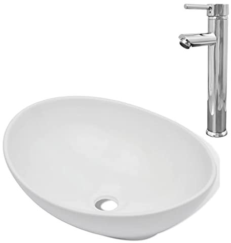Waschbecken Waschtisch aus Keramik, Aufsatzbecken Aufsatzwaschbecken Handwaschbecken Aufsatzwaschtisch Spülbecken Becken Waschschale mit Mischbatterie, Oval Weiß