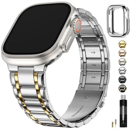 Fullmosa Ersatzarmband Kompatibel mit Apple Watch Armband Ultra 3 2 1 49mm, Edelstahl Band für Damen Herren, Metallarmband mit TPU-Schutzhülle, Silber mit Gold