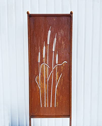 Edelrost Sichtschutz Schilf Motiv 162 x 53 cm - Metall Paravent zum Stecken - Wetterfeste Gartendeko aus Roststahl für Garten & Terrasse Schilfrohr Rohrkolben