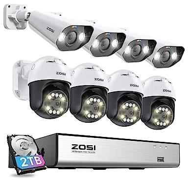 ZOSI 5MP PoE Überwachungskamera Set Aussen, 4X 5MP Bullet und 4X Schwenkbar Dome IP Kameras, 8CH 4K 2TB HDD NVR, Auto-Tracking, Personen-/Fahrzeugerkennung, 2-Wege-Audio
