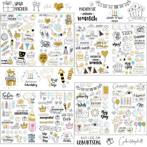 Sticker Geburtstag Gästebuch, SILARLAIT 225 Aufkleber für Gästebuch, Karten, Fotoalbum, Geburtstagskarten, Geschenke | Party-Deko für Erwachsene & Kinder | Set: 225 Motive auf 4 Bögen DIN-A4