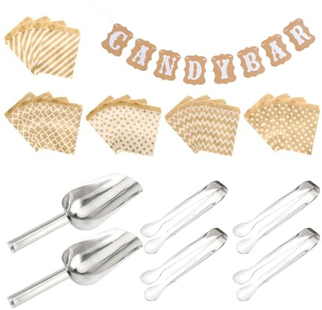 MEMOFYND Set di attrezzi per feste di caramelle, 27 pezzi, tra cui 4 pinze per caramelle, 2 palette da zucchero, 1 estrattore per striscioni e 20 sacchetti di carta kraft, set di attrezzi per feste