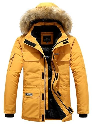 Azruma Jagdbekleidung Herren Arbeitsjacke Herren Daunenjacken Männer Warm Gefüttert Reißverschluss Padded Jacket Mit Fellkragen wasserdichte Herren Jacke Winterjacke Echtfell (Gelb, M)