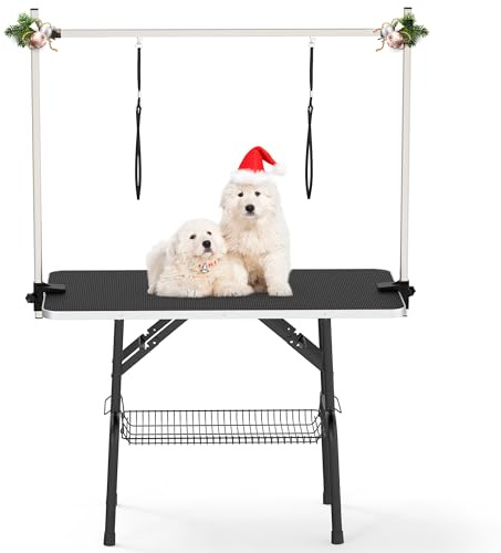 YITAHOME 42 Height Adjustable Dog/Pet Grooming Table, Foldable Grooming Table for Dogs at Home, Portable Dog Bathing Station with Arm, Non-Slip Desktop, Storage Tray& Noose, Black