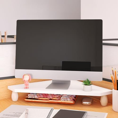 TUJOBA Eck Monitorständer Weißer Eckbildschirmständer mit Massivholzbeinen, Eckschreibtisch-Organizer mit Kabelmanagement, Tischständer für Telefon/Schreibtischlampe/Schreibtischventilator
