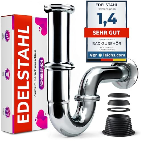 M. ROSENFELD HOME Siphon Waschbecken – Edelstahl Abflussrohr Waschbecken Tauchrohr 4-8,5cm – Geruchsverschluss – Röhrensiphon 1 1/4 – Komplettset mit Dichtungen & Rosette