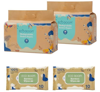 ECOBOOM JOY- Pañal Ecológico de BAMBÚ. 70% Biodegradable, Hipoalergénico (TALLA 1/XS, < 4,5 KG, PACK 2 BOLSAS - 68 pañales)