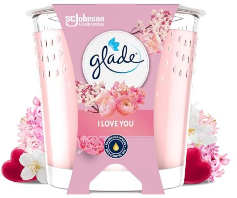 Glade Bougie Parfumée – Certifiée Vegan – Parfum I Love You - Infusé aux Huiles Essentielles –Formule Sans Huile de Palme – dure pendant au moins 27 heures – Cadeau Femme – 112g