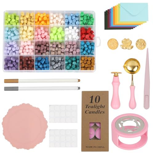 DBREAKS Siegelwachs Set,24 Farben Siegelwachs Perlen Set,600 Stück Siegellack Perlen,Wachssiegel Stempel Set,Siegelwachs Achteckig mit 2 Schmelzlöffel+5 Wachssiegelstempel+Siegelwachswärmer+20 Kerzen