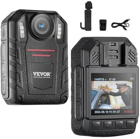 VEVOR Caméra-Piéton pour Police 1440P, Caméra de Corps 64G avec Vision Nocturne Infrarouge, avec Enregistrement Audio-Vidéo, Batterie Intégrée 2850 mAh et Écran LCD 2,0, pour Les Forces de l'Ordre