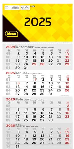 Idena 11171-4 Monatskalender 2025 in der Größe 30 x 60 cm, Wandkalender mit Schieber, 4-sprachiger Bürokalender mit Wochenzählung