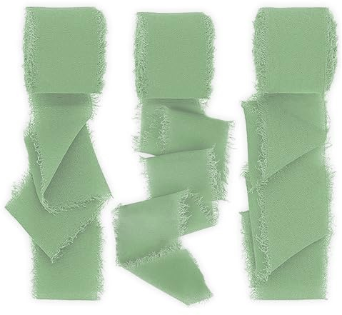 Mooshy Chiffonband Grün 3cm x 7m, 3 Rollen Schleifenband Eukalyptus Grün Band Salbeigrün Geschenkband Fransenband Geschenkband Hochzeit für Hochzeit Festival Feier Dekoration