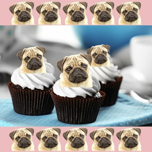 Pug Faces Dog Cupcake Topper, 18 x PRECUT, Edible Wafer Paper