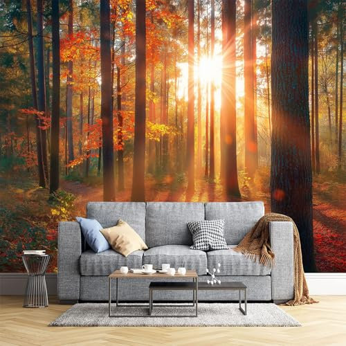JEDTAKCT 300X210Cm Seidetapete Herbstwaldtapete Elegance Tapete Im Sonnige Landschaft Design Tapete Wandtapete Wohnzimmer Schlafzimmer Flur Strukturtapete