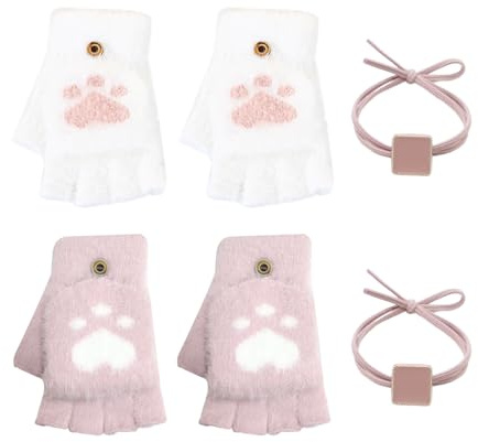 2 Pairs Of Cat Claw Gloves, 2 Hair Ties, Cute Cartoon Gloves, Winter Plush Gloves, Warm Thickened Half Finger Gloves, Flip-Top Women'S Gloves