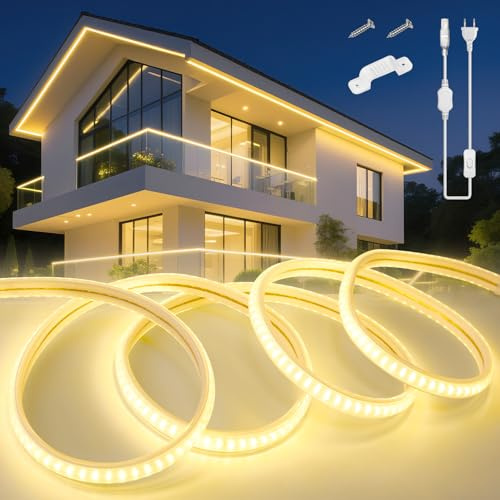 KSIBNW LED Streifen Aussenbereich 5M, 230V Neon LED Strip Wasserdicht IP65 Schlauch Warmweiß 3000K Led Leiste Band Flexibel Outdoor 145LEDs/M Lichtleiste mit Netzteil und Stecker für Außen Innen Deko