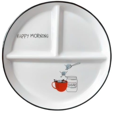 Assiette divisée en céramique, Assiette à dîner avec 3 compartiments et motif mug rouge pour les pâtes, les fruits, la salade, le pain, passe au micro-ondes
