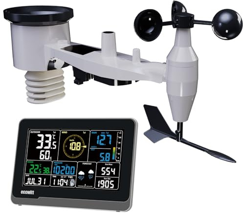 ECOWITT Stazione meteo 3903, stazione meteo radio 5 in 1, sensore WN67 (non a energia solare, senza luce UV), display LCD a colori interno 3 in 1 da 7,5 pollici, sensore interno integrato, assistente