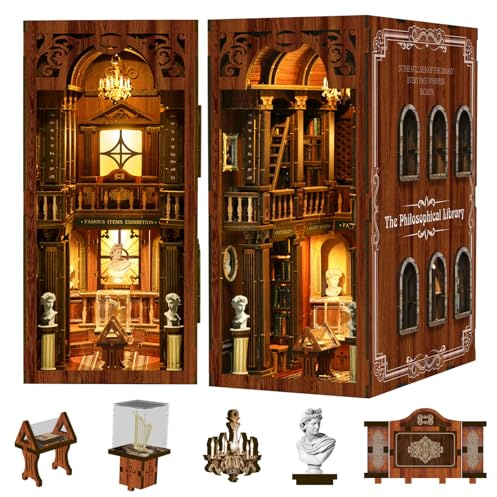 Kit per angolo libro – Piccola casa delle bambole fai da te, kit in miniatura per libreria, inserti, decorazioni per adulti e adolescenti, fermalibri 3D in legno con luci LED touch (The Philosophical