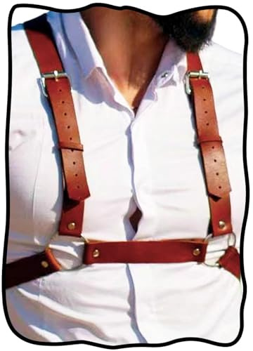 Fstrend Men's Mardi Gras Chest Harness, Brown Faux Leather Shoulder Belt Strap, Fashion Rave Outfits Body Accessory