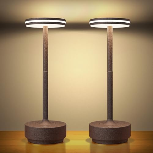 Lampada da Tavolo Ricaricabile LED,2 Pezzi 5000mAh Senza Fili USB,Comodino | Eye-Protect Luce a USB Batteria Dimmerabile,3 Modalità di Colore,Impermeabile,per Interno/Ristorante/Esterno(Ruggine)