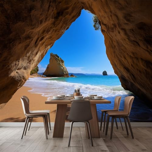 Fotomurales no tejido Vista Al Mar Rocas 250x175 cm Papel Pintado Decoración de Pared Murales póster efecto 3D, Decorativos Murales para Dormitorio Salón TV Pared