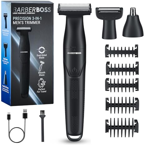 BarberBoss Tondeuse de précision 3-en-1 pour homme, kit de soins pour barbe et cheveux, tondeuse corps, tondeuse nez et oreilles, rasoir sans fil rechargeable avec chargement USB (Noir)